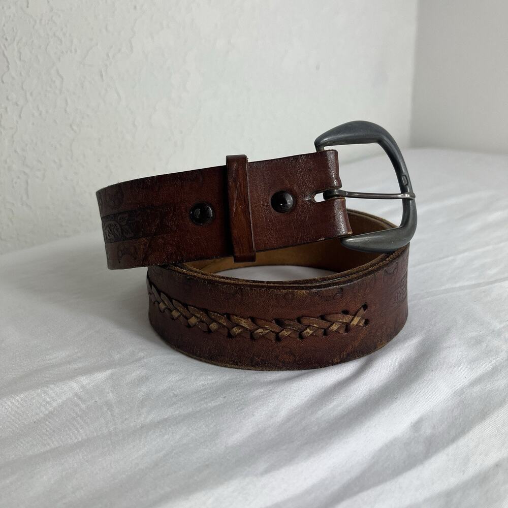 Unbranded Brown Leather Belt Mens Size 38, braided and floral tooled pattern